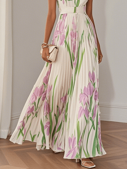 Women's Pleated Maxi Dress Floral Print Wide Straps