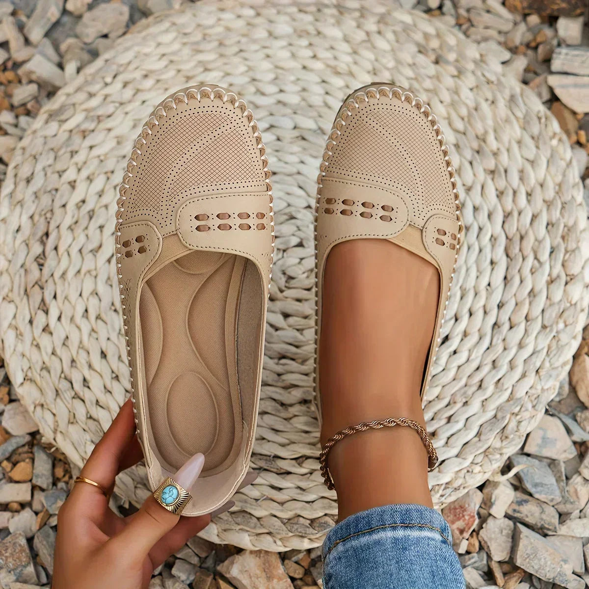 Women's Slip On Loafers Perforated Leather Round Toe - VibreMode