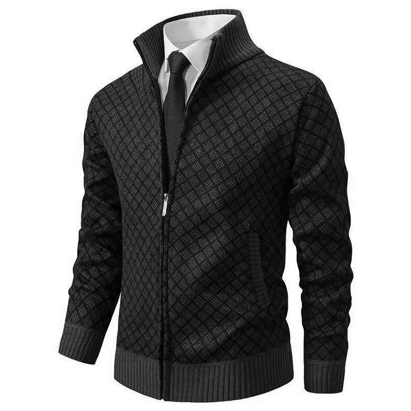 Men's Zip-Front Cardigan Diamond Pattern Ribbed Trim