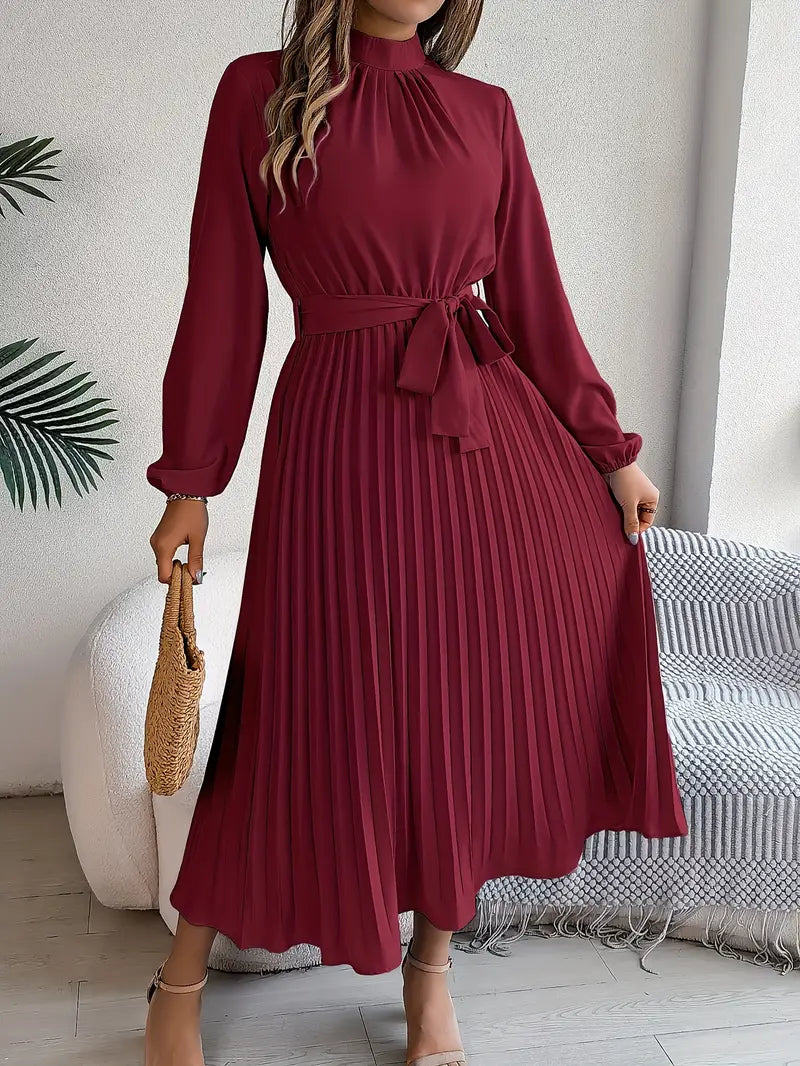 Women's Pleated Midi Dress Belted Waist