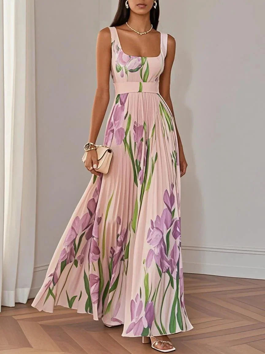 Women's Pleated Maxi Dress Floral Print Wide Straps