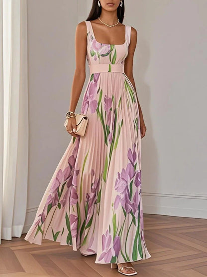 Women's White Pleated Maxi Dress Floral