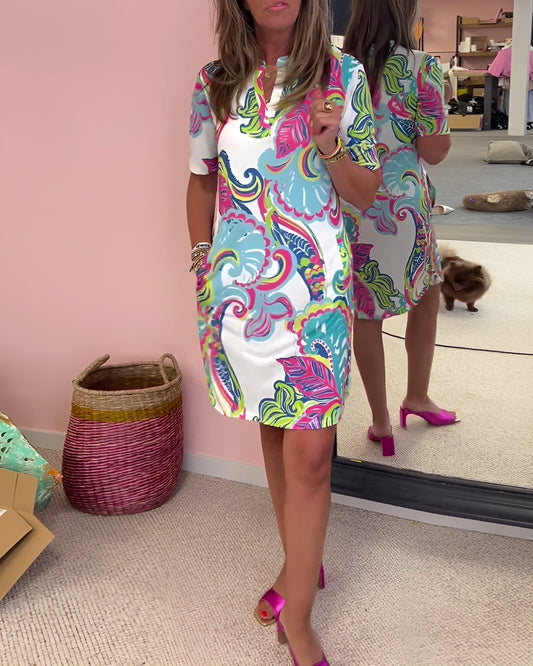 Relaxed Fit V Neck Printed Summer Dress for Women - VibreMode