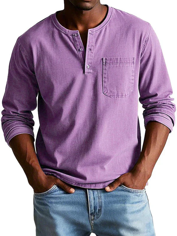 Men's Long Sleeve Henley Shirt Button Placket Chest Pocket