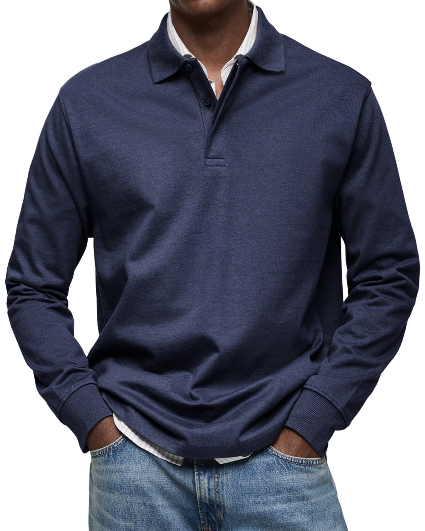 Men's Polo Shirt Long-Sleeve Button Placket Collar - VibreMode