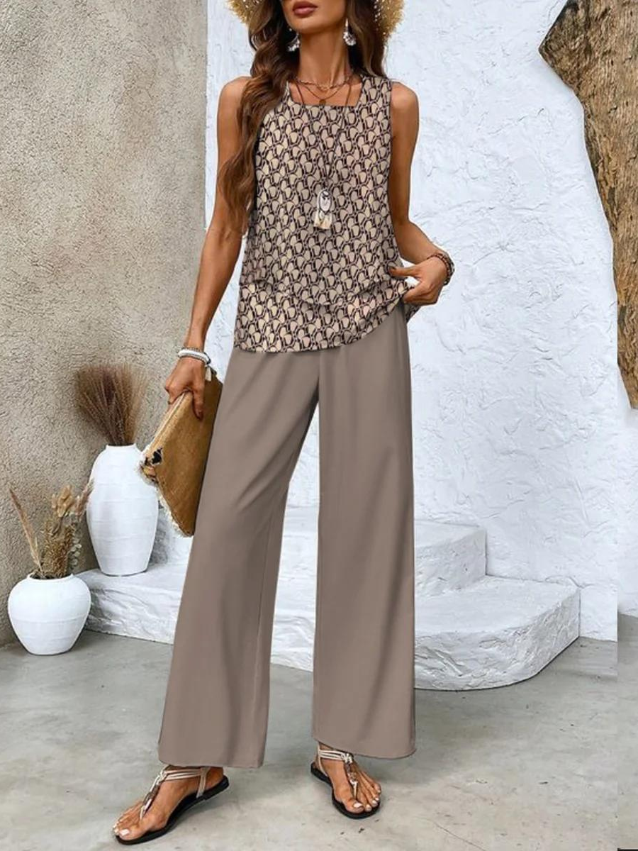 Women's Two Piece Round Neck Wide Leg Pants