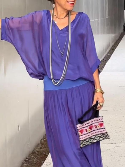 Women's V-Neck Jumpsuit Wide Leg Batwing Sleeve Two Piece