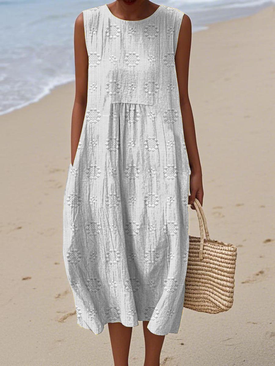 Women's Sleeveless Midi Dress Cotton Embroidered Round Neck Beige