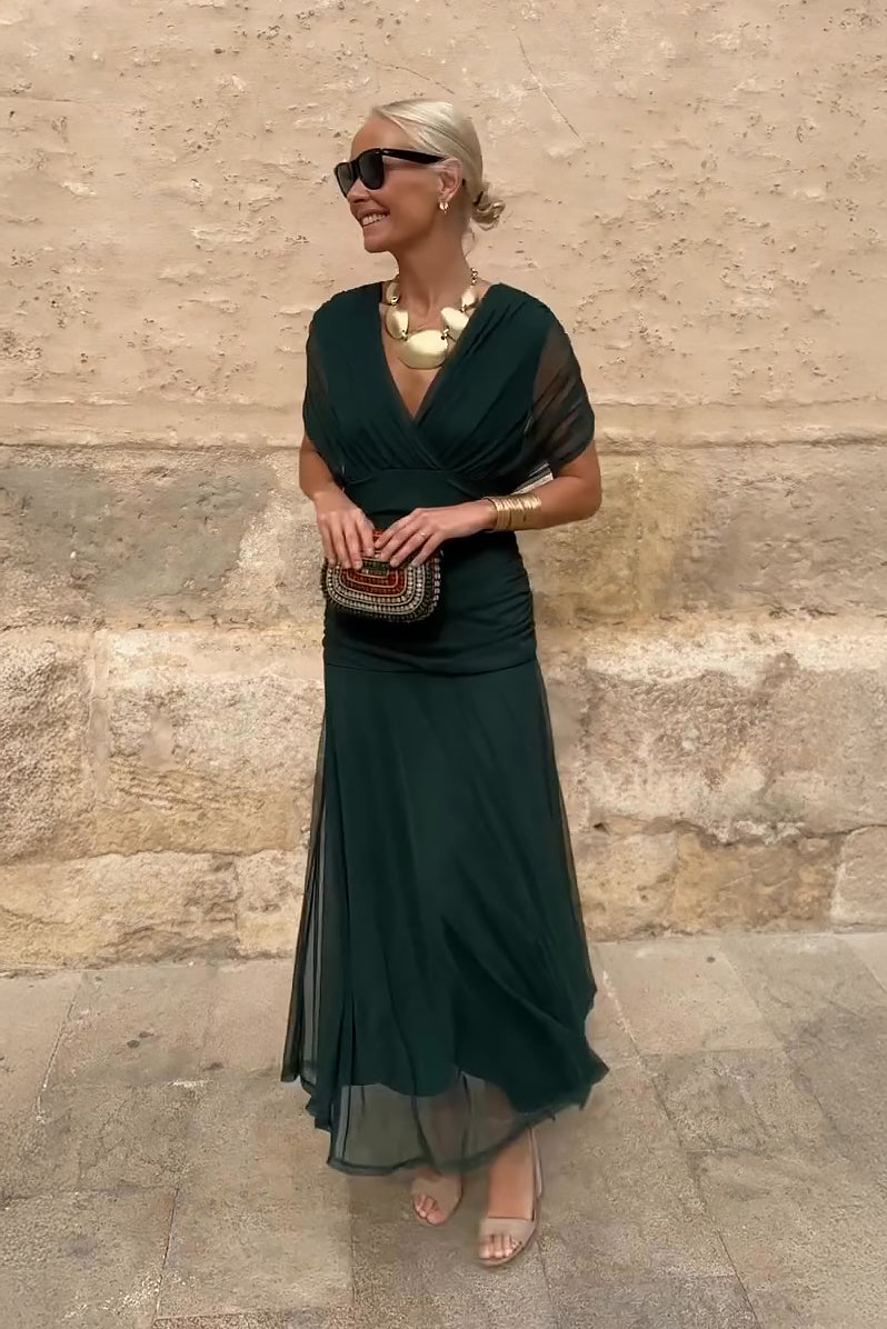 Elegant Women's V-Neck Maxi Dress - VibreMode