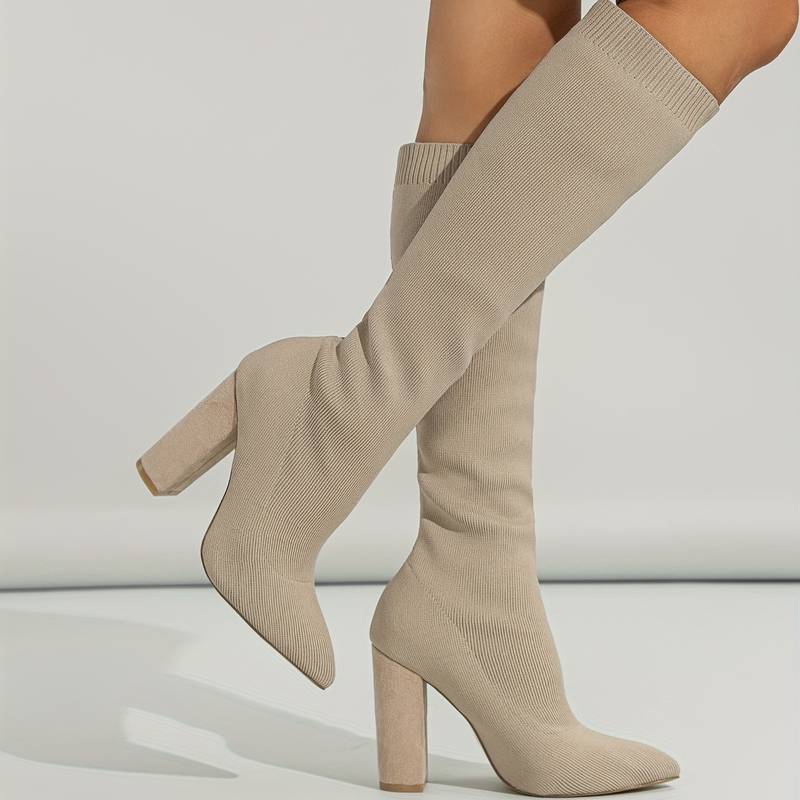 Women's Pointed Toe Booties Block Heel Knee High Boots