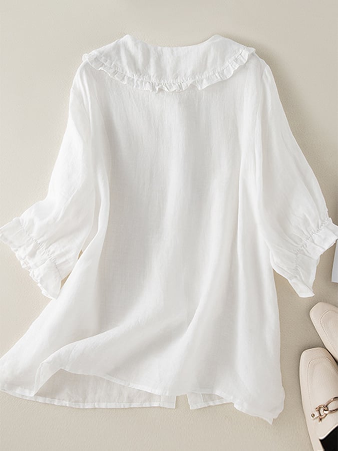 Women's Linen Blend Tunic Ruffled Collar