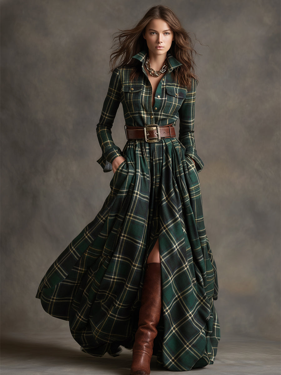 Ladies Classic Checked Long Sleeve Maxi Dress
