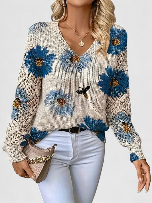 Women's V-Neck Crochet Sweater Floral - VibreMode