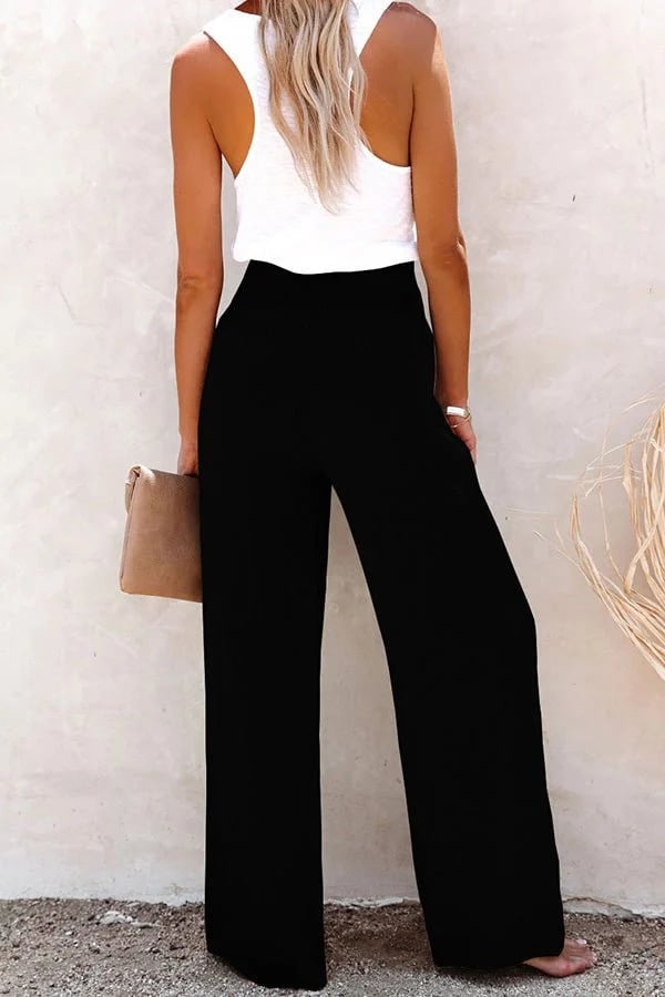 Women's Wide Leg High Waisted Pants Smocked Waist White