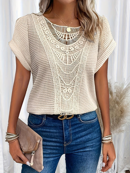 Women's Short Sleeve Waffle Knit Shirt Crochet Detail - VibreMode