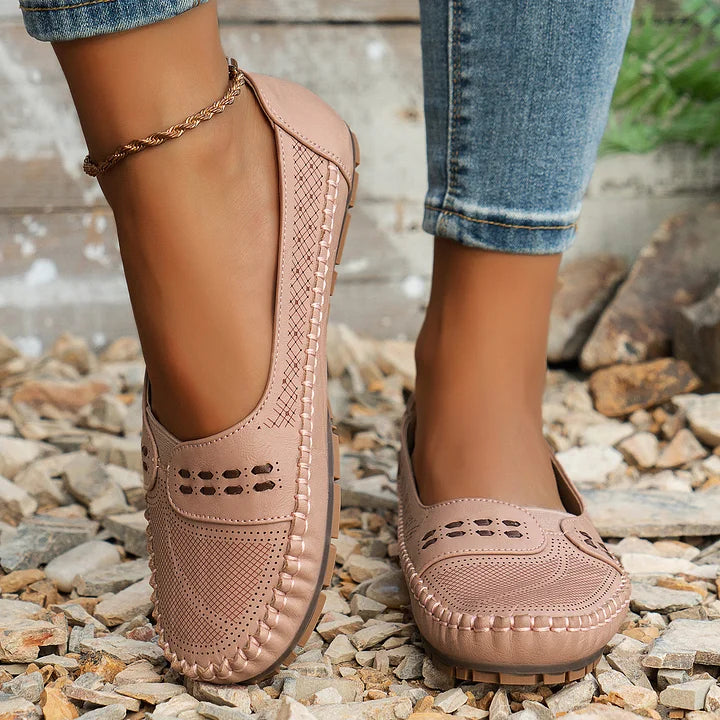 Women's Slip On Loafers Perforated Leather Round Toe