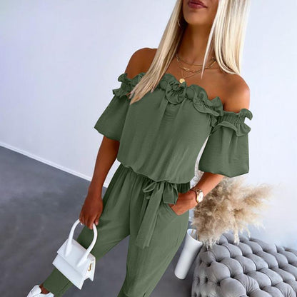 Women's Off Shoulder Frill Jumpsuit Tie Waist
