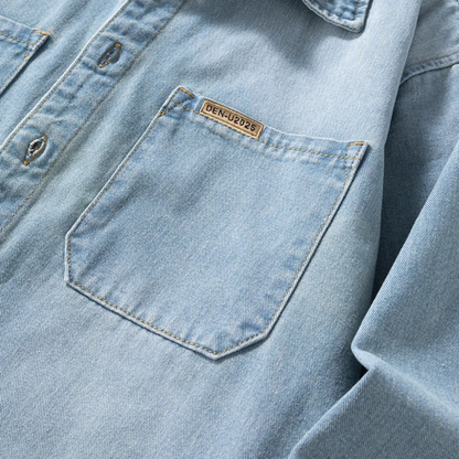 Mens Vintage Denim Shirt Loose Fit Button Up Blue