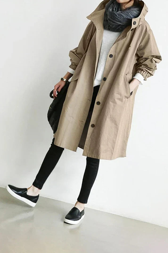 Women's Hooded Trench Coat Waterproof Cotton Long