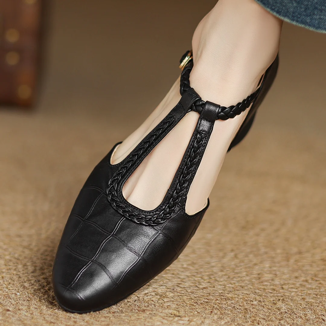 Women's Leather Mary Jane Flats Pointed Toe Black