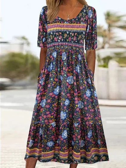 Women's Bohemian Printed Dress Round Neckline