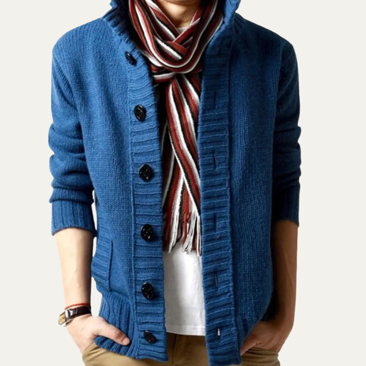 Men's Knit Cardigan Button Front Collar Winter Beige
