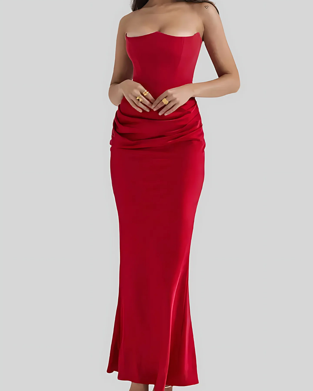 Women's Strapless Maxi Dress Corset-Seam Draped Waist Straight Skirt