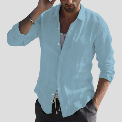 Linen Shirt Turn-Down Collar Solid Color