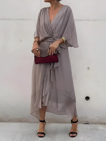 Women's V-Neck Maxi Dress Tie Waist