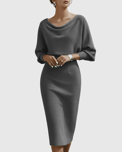 Vivienne Women's Ribbed Midi Dress Cowl Neck Batwing Sleeves