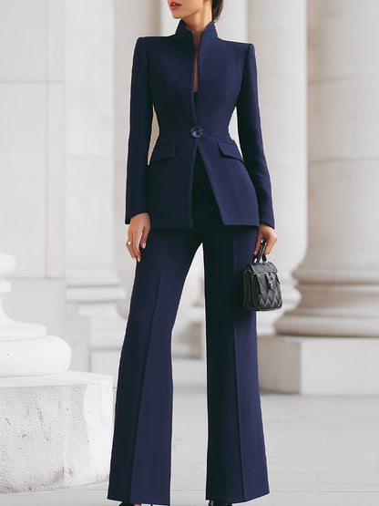 Women's Blazer Suit Set Wool Stand Collar Wide Leg Pants - VibreMode