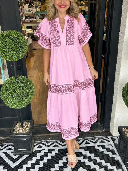 Women's Midi Dress Embroidered Notch Neck Short Sleeves