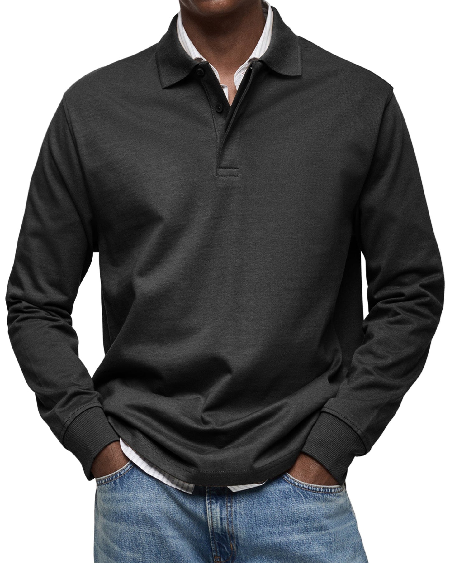 Men's Polo Shirt Long-Sleeve Button Placket Collar