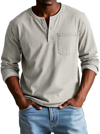 Men's Long Sleeve Henley Shirt Button Placket Chest Pocket