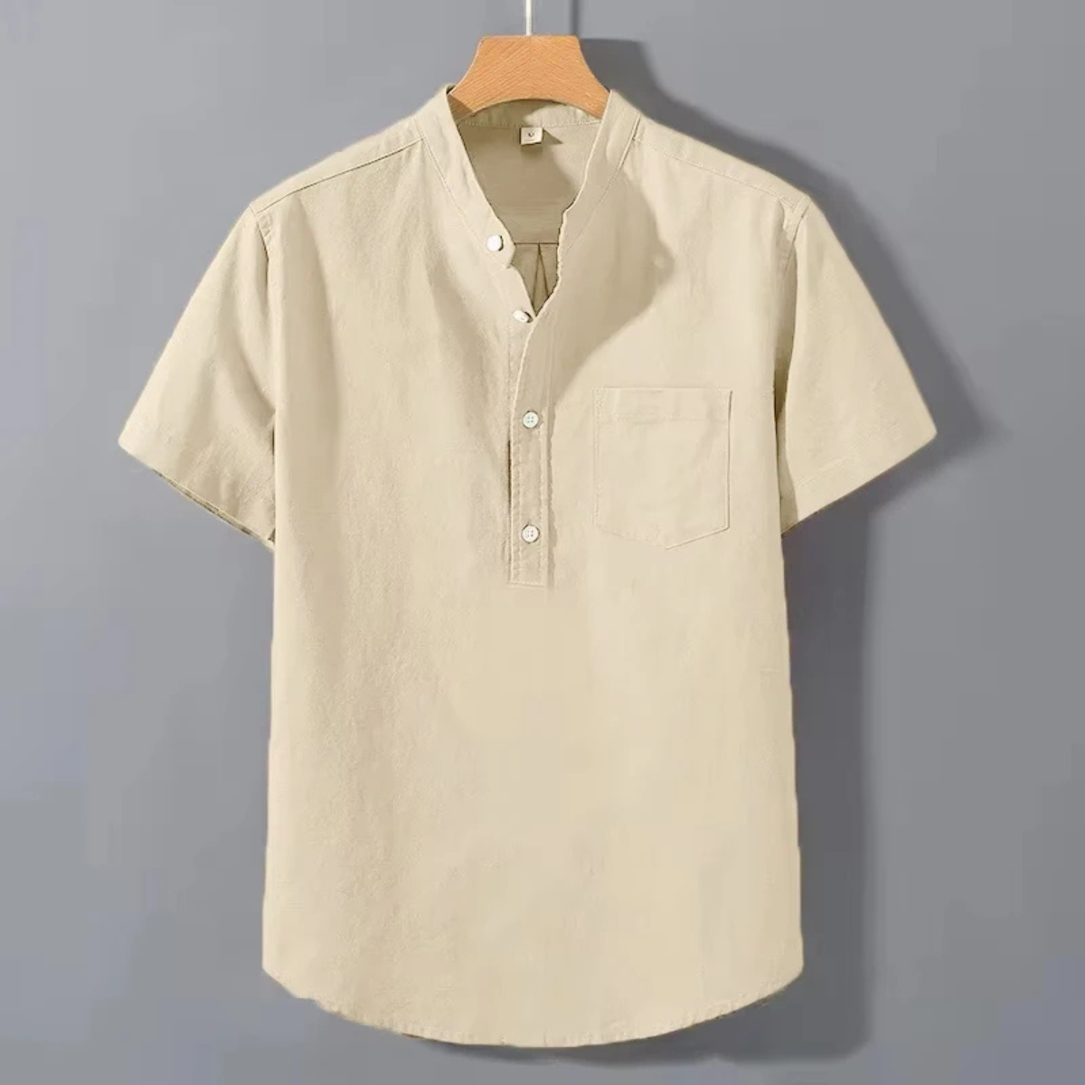 Men's Casual Henley Shirt Cotton Stand Collar Beige