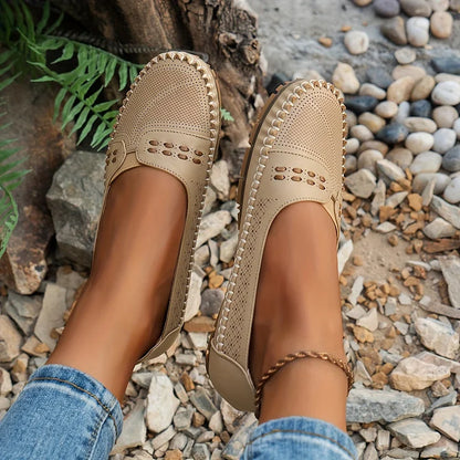 Women's Slip On Loafers Perforated Leather Round Toe