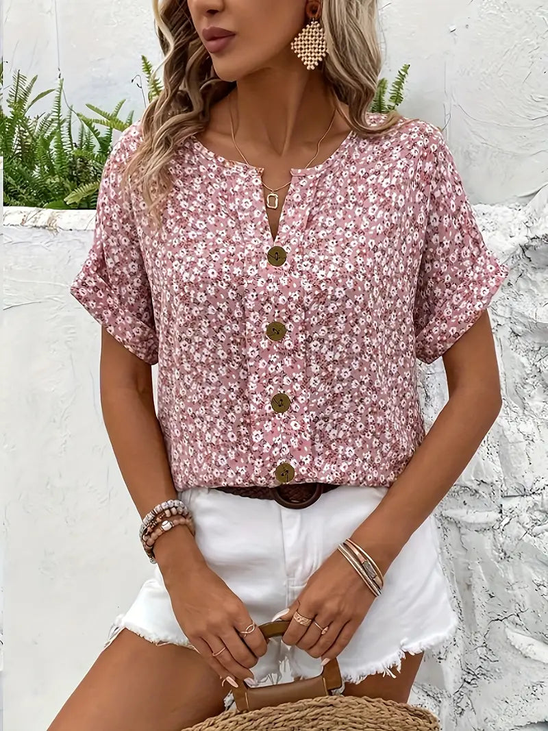 Women's Floral Short Sleeve Blouse Notched Neckline
