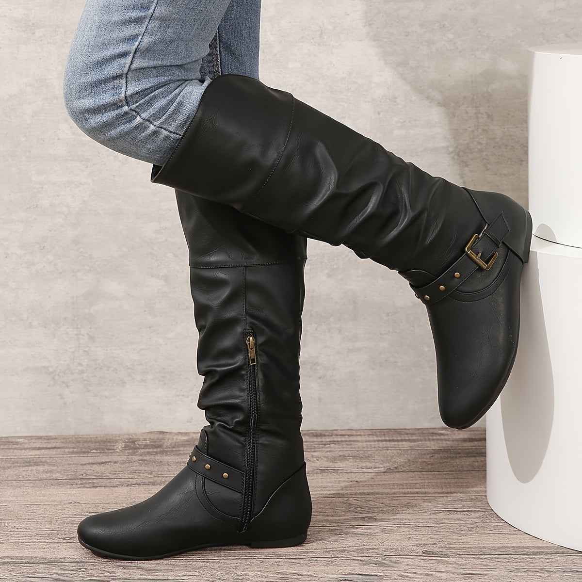 Women's Knee-High Zipper Boots Closed Toe