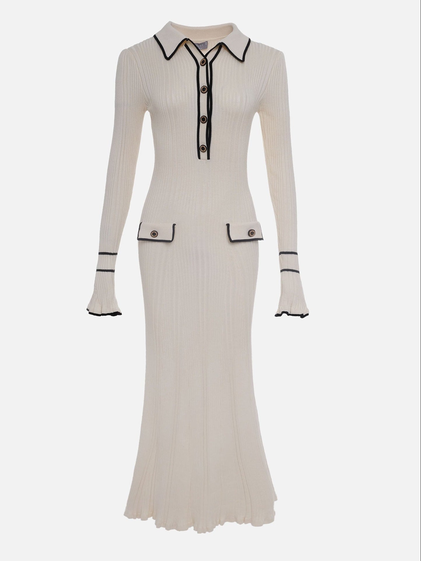 Women's Midi Sweater Dress Ribbed Polo Collar Button Front
