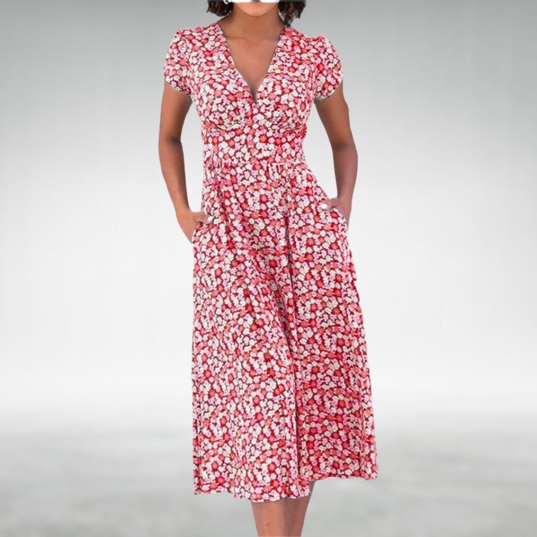 Women's V-Neck Short Sleeve Midi Dress Floral Print
