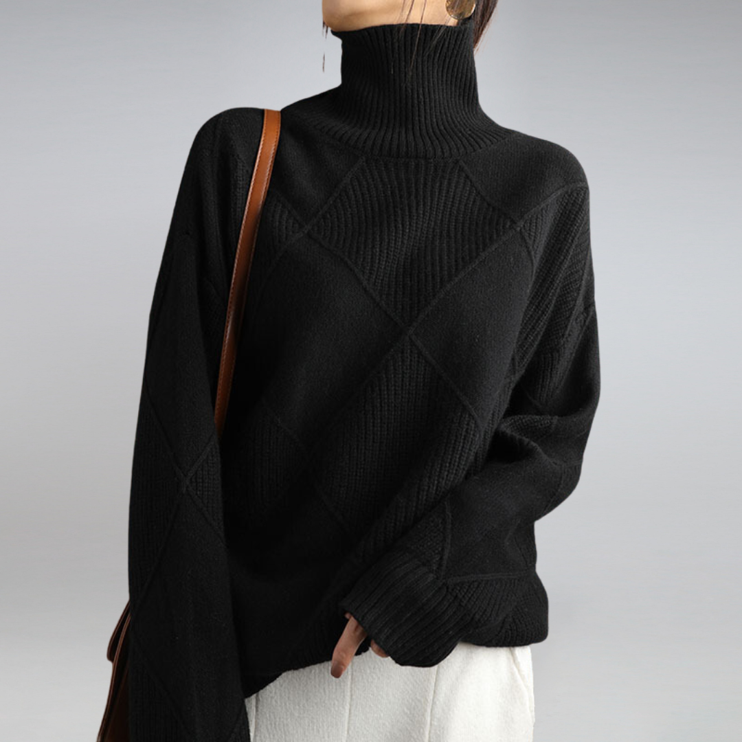 Women's Turtleneck Sweater Diamond Knit Ribbed Cuffs