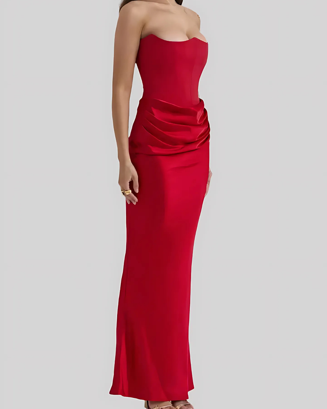 Women's Strapless Maxi Dress Corset-Seam Draped Waist Straight Skirt