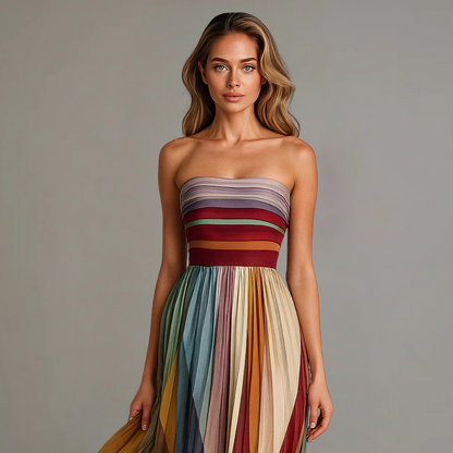 Women's Maxi Dress Strapless Pleated Multicolor Striped