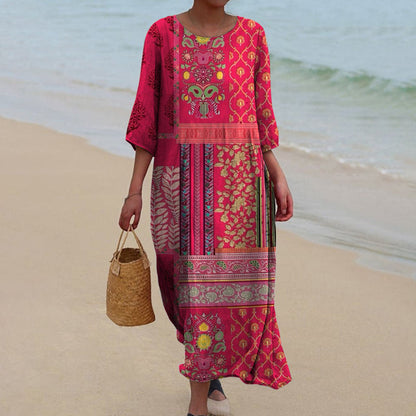 Women's Printed Maxi Dress Round Neck Three-Quarter Sleeves - VibreMode