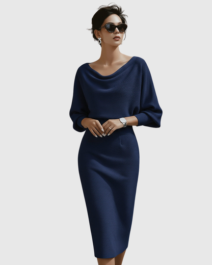 Vivienne Women's Ribbed Midi Dress Cowl Neck Batwing Sleeves