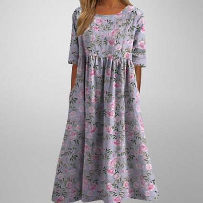 Women's Floral Maxi Dress Short Sleeves Gathered Waist