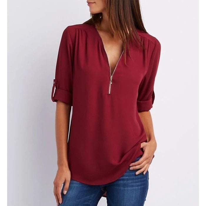 Women's Casual Blouse Zip-Up V-Neck Half Sleeve Rose