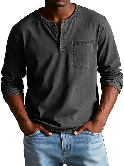 Men's Long Sleeve Henley Shirt Button Placket Chest Pocket