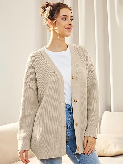 Women's Oversized V-Neck Cardigan Button Front - VibreMode