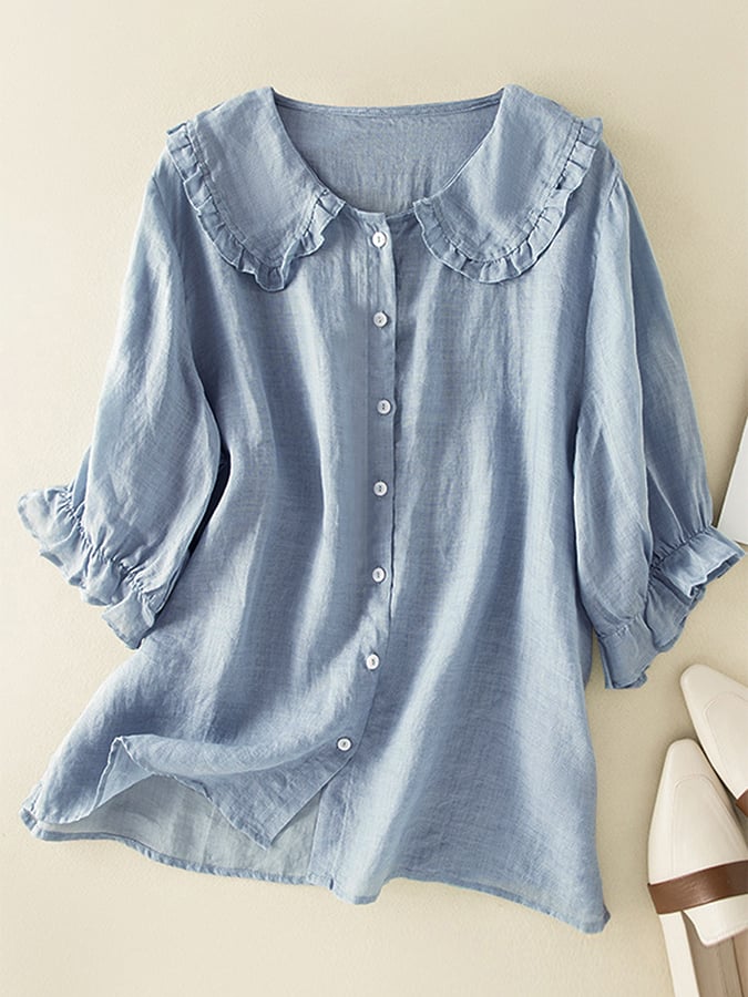 Women's Linen Blend Tunic Ruffled Collar - VibreMode